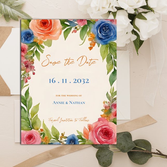 Chic Orange Blue Flowers Bloom Floral Wedding Ankündigungspostkarte (Chic Orange Blue Flowers Bloom Floral Wedding Announcement Postcard)