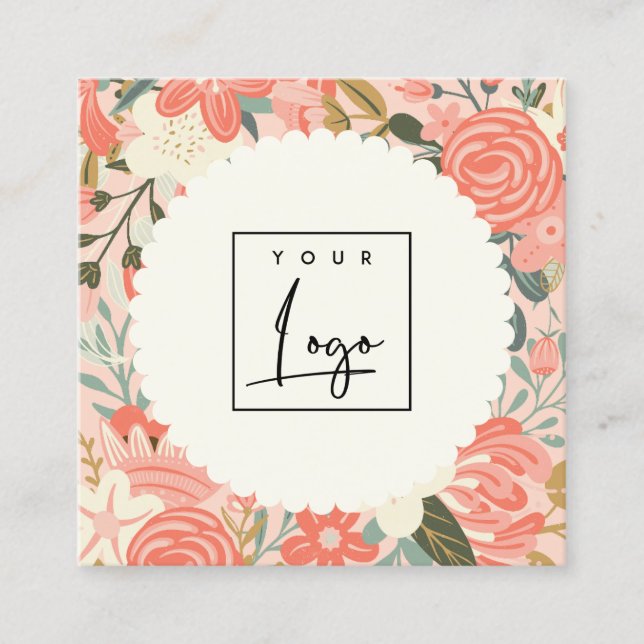 Chic Orange Blush Pink Green Ambrosia Floral Logo Quadratische Visitenkarte (Vorderseite)