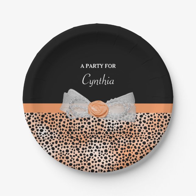 Chic Orange Cheetah Print Niedlich Rose Bow Party  Pappteller (Vorderseite)