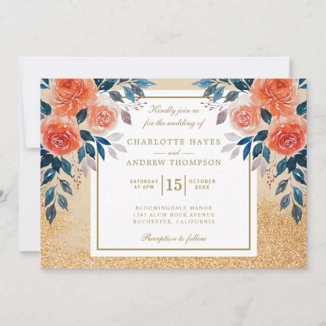 Chic Orange Floral Watercolor Wedding Einladung (Vorderseite)