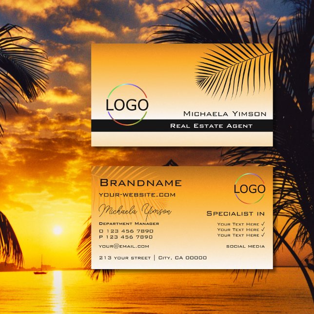Chic Orange Gradient Palm Leaf mit Logo Stilvoll Visitenkarte (Von Creator hochgeladen)
