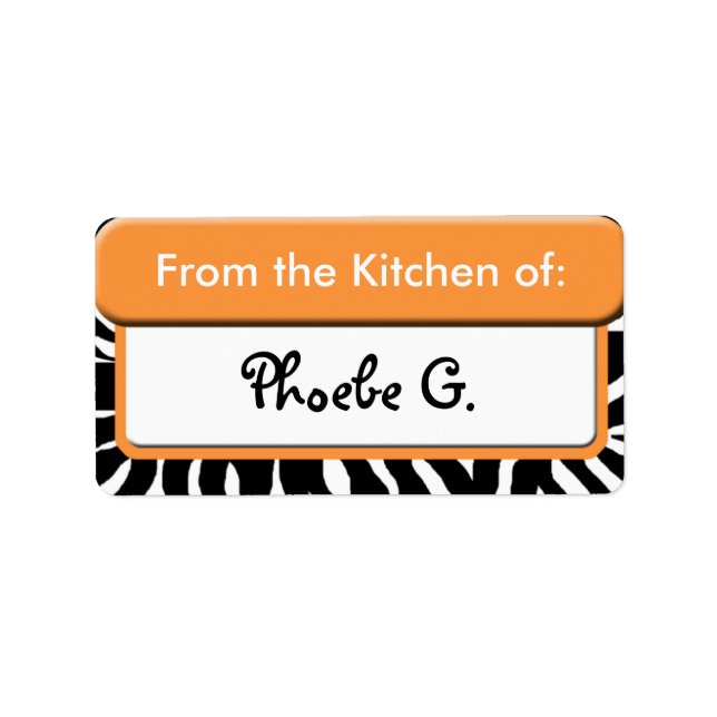 Chic Orange Zebra Print "From the Kitchen" Labels Adressaufkleber (Vorne)