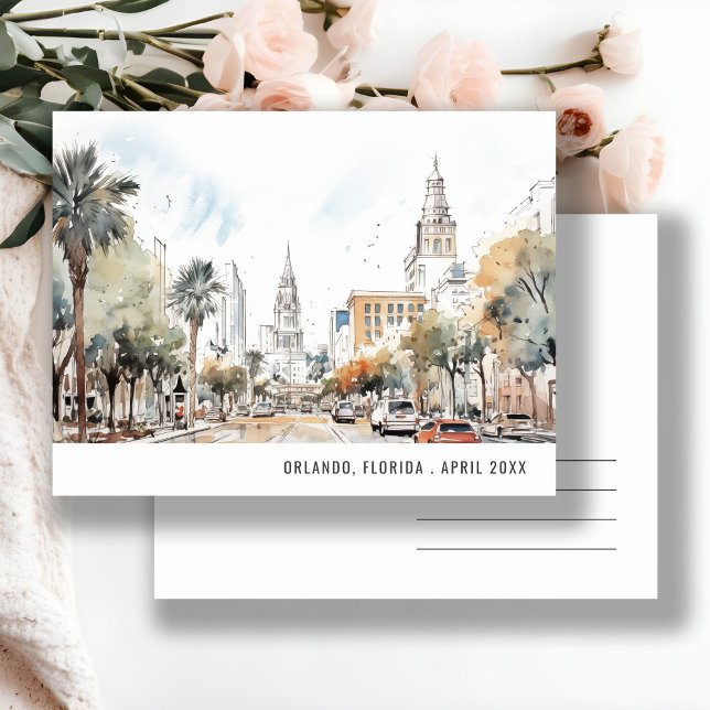 Chic Orlando Florida Skyline Watercolor Reisen Postkarte (Von Creator hochgeladen)