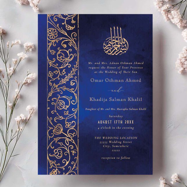 Chic Ornate Floral Gold & Blue Islamic Wedding Einladung (Von Creator hochgeladen)
