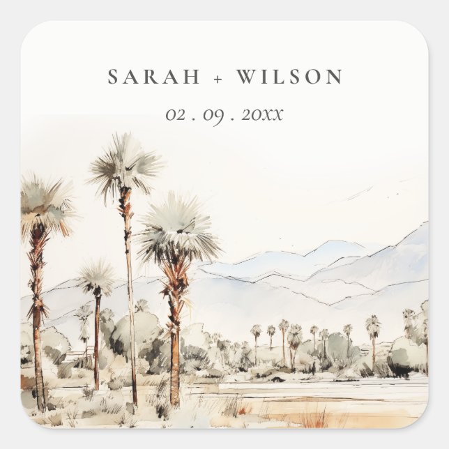 Chic Palm Springs California Landschaft Hochzeit Quadratischer Aufkleber (Vorderseite)