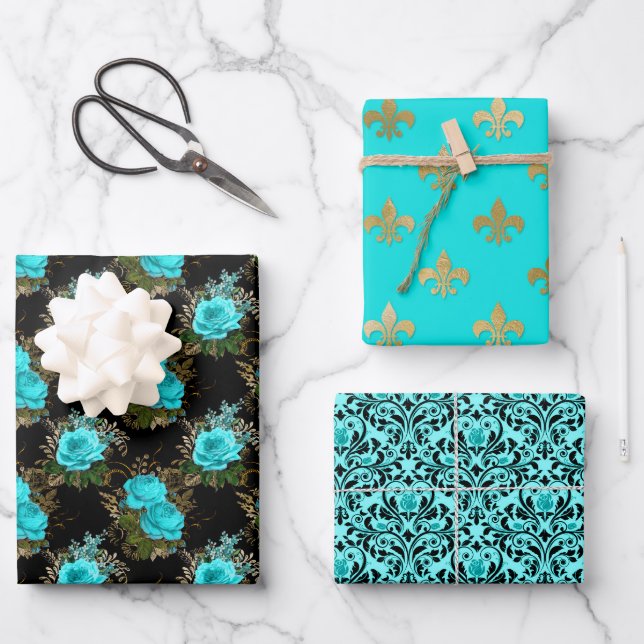 Chic Paris Aqua Blue, Black and Gold Geschenkpapier Set (Vorderseite)