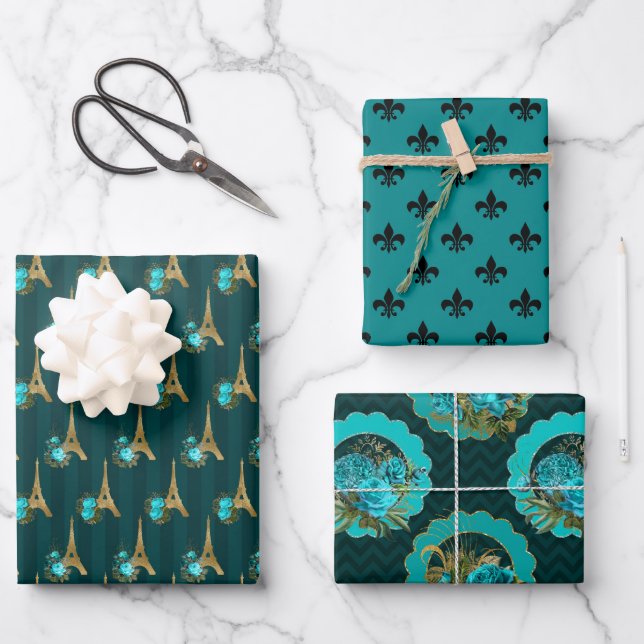 Chic Paris Aquamarin, Black and Gold Geschenkpapier Set (Vorderseite)