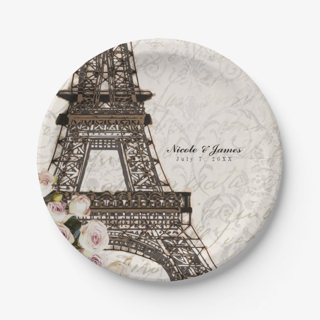 Chic Paris Eiffel Tower & Rose Elegantes Party Pappteller (Vorderseite)