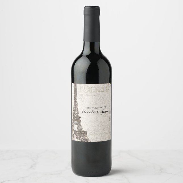 Chic Paris Eiffelturm & Rose Elegantes Weinkeller Weinetikett (Vorderseite)