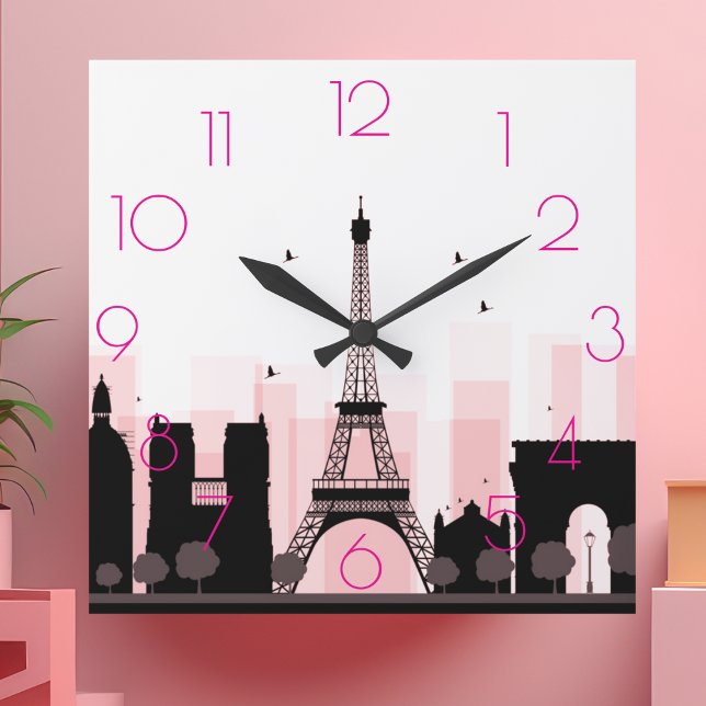 Chic PARIS Eiffelturm Skyline Pink Moderne Quadratische Wanduhr (Von Creator hochgeladen)