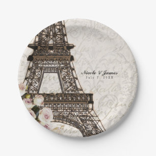 Chic Paris Eiffelturm und Rosen Elegante Party Pappteller