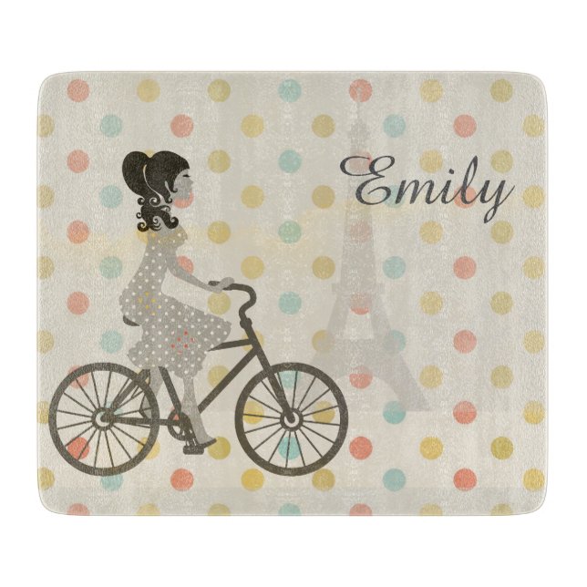 Chic Paris Girl Reiten Bike Dotty Personalisiert Schneidebrett (Vorderseite)