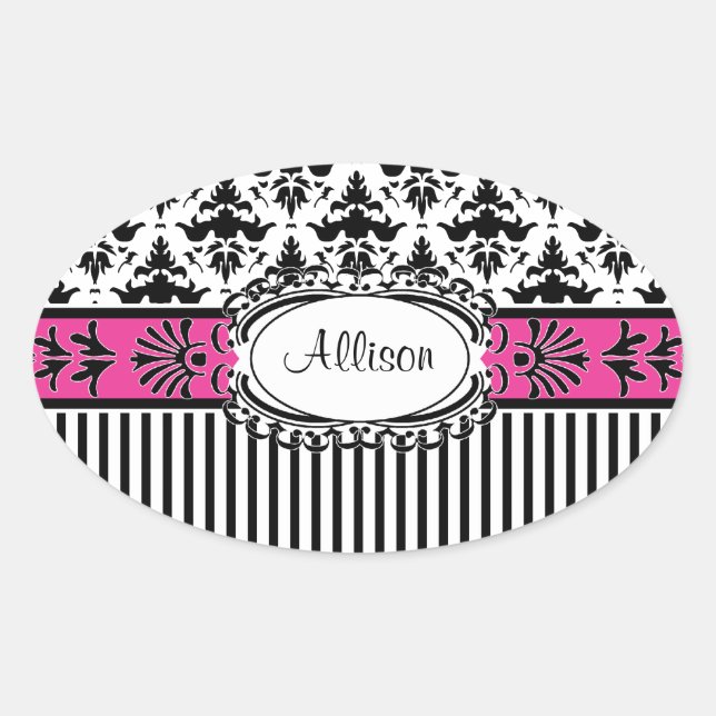 Chic Paris Pink und Black Damask und Streifen Ovaler Aufkleber (Vorderseite)
