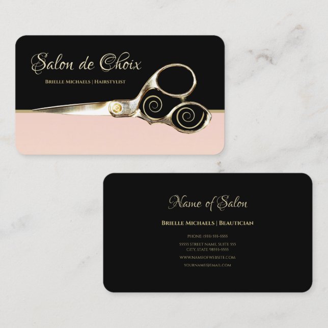 Chic Pariser Salon in hellrosa Schwarz und Schere Visitenkarte (Vorne/Hinten)