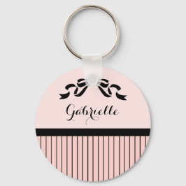 Chic Parisian Pink Pinstripes Black Bow und Name Schlüsselanhänger