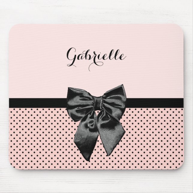 Chic Parisian Pink Polka Dots Black Bow und Name Mousepad (Vorne)