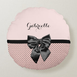 Chic Parisian Pink Polka Dots Black Bow und Name Rundes Kissen