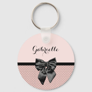 Chic Parisian Pink Polka Dots Black Bow und Name Schlüsselanhänger