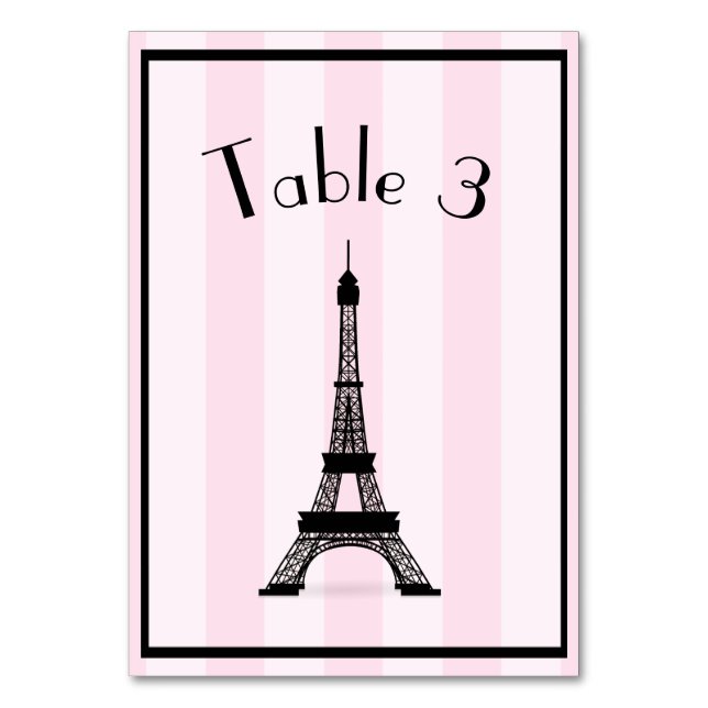 Chic Parisian Pink Strip Black Eiffel Tower Tischnummer (Vorderseite)