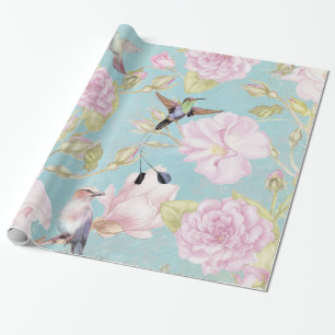 Chic Pastel Aquamarine Vintage Rose Hummingbird Mu Geschenkpapier