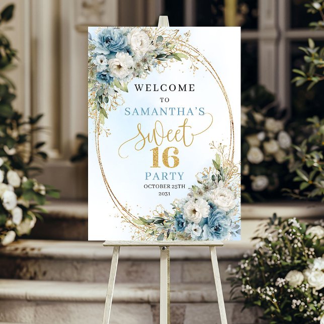 Chic Pastel Blue Greenery Sweet 16 Poster (Chic Pastel Blue Greenery Sweet 16 Poster)