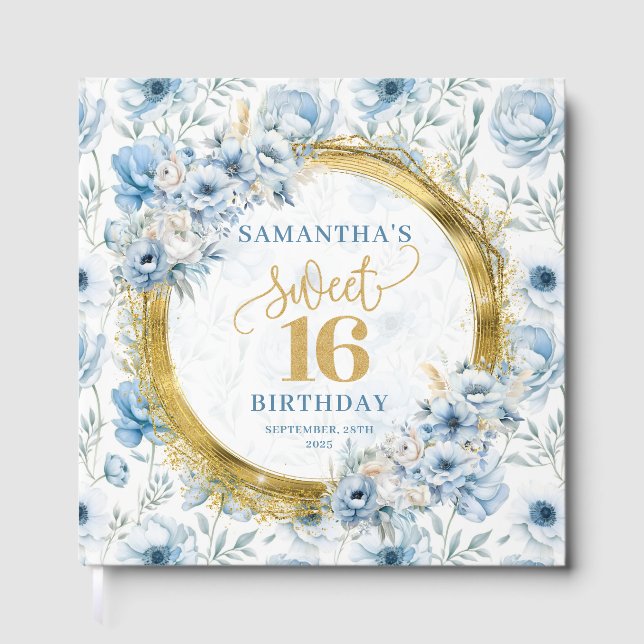 Chic Pastel Blue Sweet 16 Gästebuch mit Glitzern (Vorderseite)