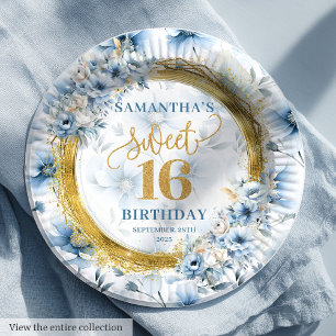 Chic Pastel Blue Sweet 16 Gold Sparkle Party Plate Pappteller