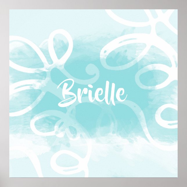 Chic Pastel Blue Watercolor-Wirbel mit Namen Poster (Vorne)