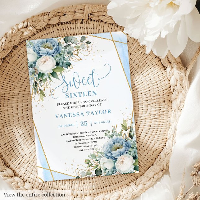Chic Pastel Blue White Gold Blume Sweet 16 Einladung (Chic Pastel Blue White Gold Flowers Sweet 16 Invitation)