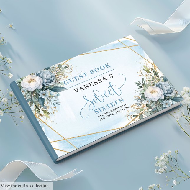 Chic Pastel Blue White Gold Blume Sweet Sweet Gästebuch (Chic Pastel Blue White Gold Flowers Sweet 16 Guest Book)