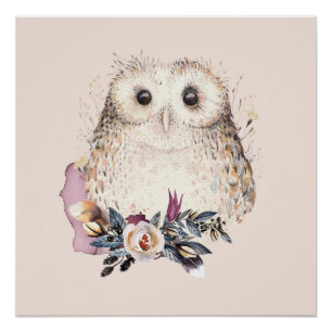 Chic Pastel Blume Owl Animal Boho Illustration Poster