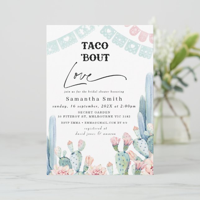 Chic Pastel Cactus Taco Bout Liebe Brautparty Einladung (Stehend Vorderseite)