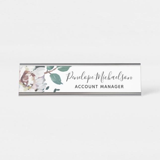 Chic Pastel Floral mit Name und Titel Schreibtischnamensplakette (Vorderseite )