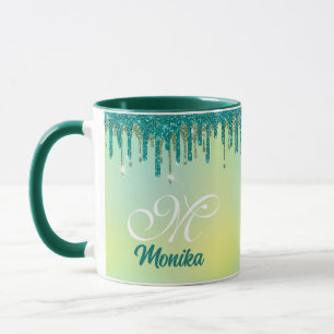 Chic Pastel Green Mint Glitzer Tropfen Monogram Tasse