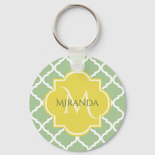 Chic Pastel Green Quatrefolie Yellow Name Monogram Schlüsselanhänger