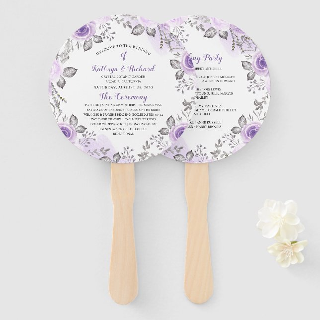 Chic Pastel Lila Floral Wedding Program Hand Fan Fächer (Vorne und Hinten)