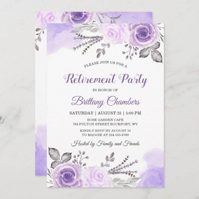 Chic Pastel Lila Rose Garden Retirement Party Einladung (Vorne/Hinten)