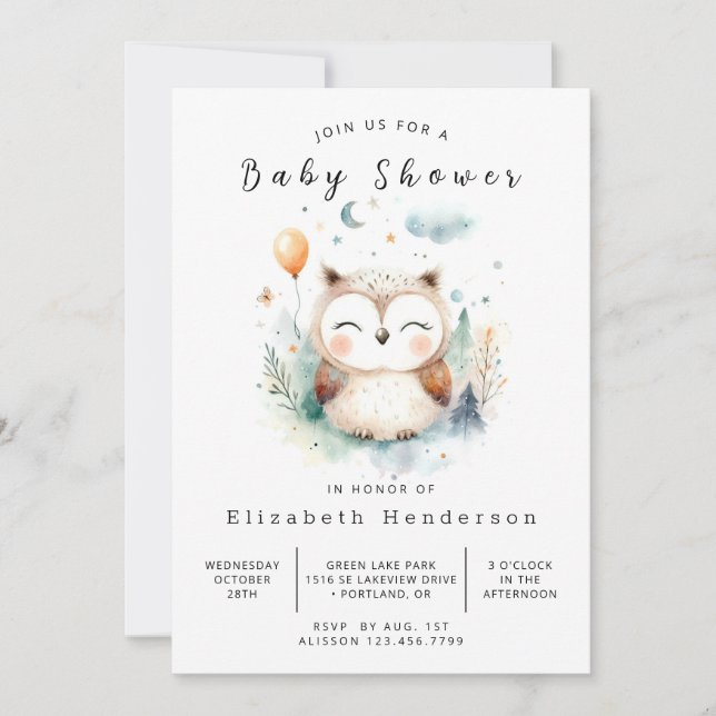 Chic Pastel Owl Babydusche Einladung (Vorderseite)