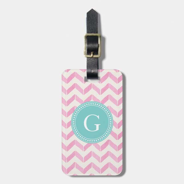 Chic Pastel Pink & Minze Zickzack Monogramm Gepäckanhänger (Vorderseite vertikal)