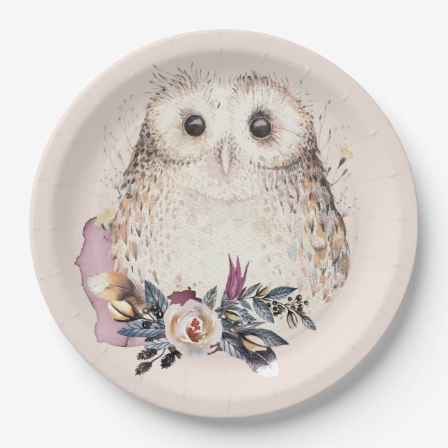 Chic-PastellBlumen-Eule TierBoho Illustration Pappteller (Vorderseite)