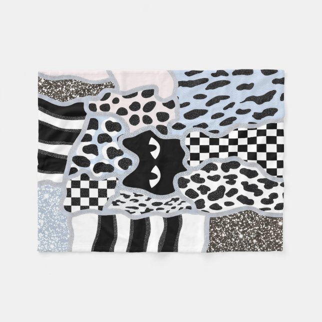 Chic Patchwork Suspicious Black Cat Gingham & Chec Fleecedecke (Vorderseite (Horizontal))
