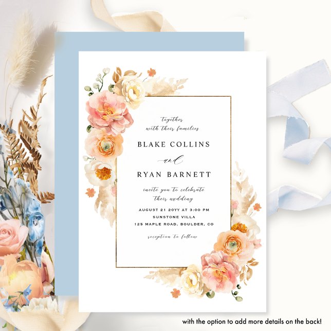 Chic Peach and Blue Delicate Floral Wedding Einladung (Von Creator hochgeladen)