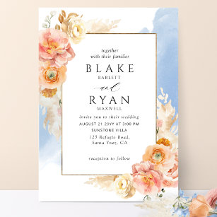 Chic Peach Blush Bloral, Blue Watercolor Wedding Einladung