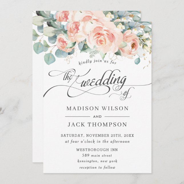 Chic Peach floral Calligraphy Greenerity Wedding Einladung (Vorne/Hinten)