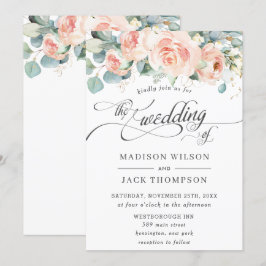 Chic Peach floral Calligraphy Greenerity Wedding Einladung
