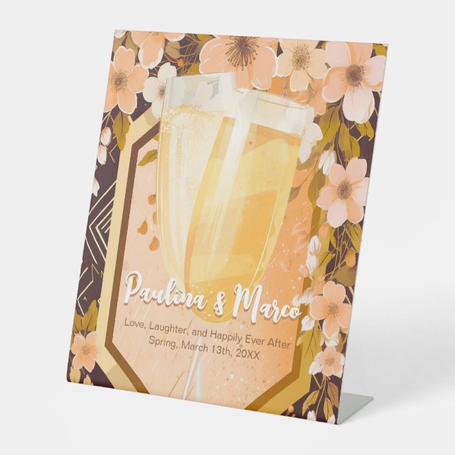 Chic Peach Floral Champagne Brautparty Party Sockelschild (Vorderseite)