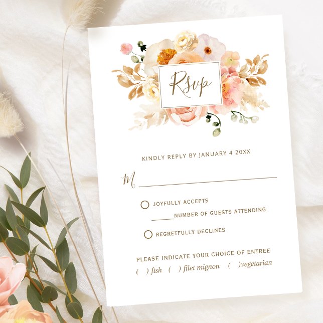 Chic Peach floral mit oder ohne Mahlzeiten RSVP Karte (Von Creator hochgeladen)