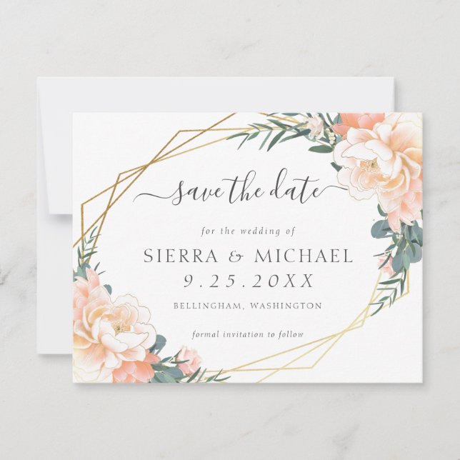Chic Peach Gold Floral Minze Green Save the Date Ankündigung (Vorderseite)
