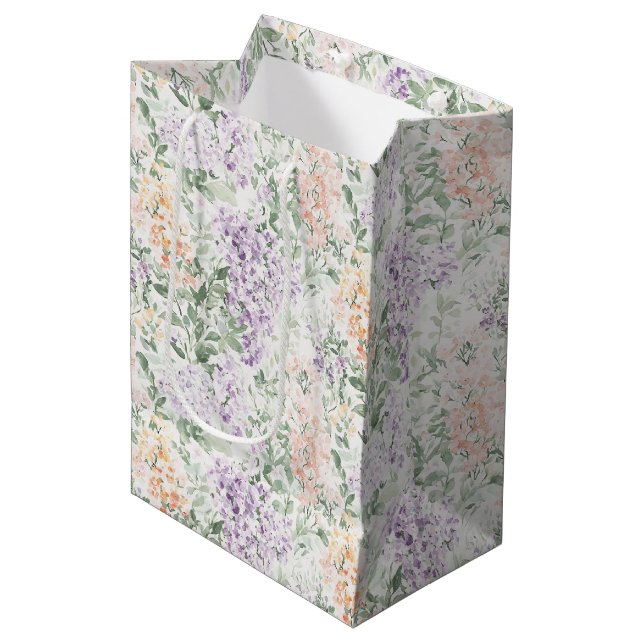 Chic Peach Lilac Lavender Floral Brautparty Mittlere Geschenktüte (Vorderseite Schrägansicht)