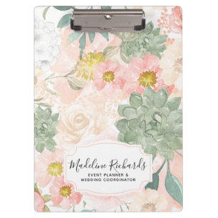 Chic Peach & Mint Aquarell Floral & Sukkulturen Klemmbrett